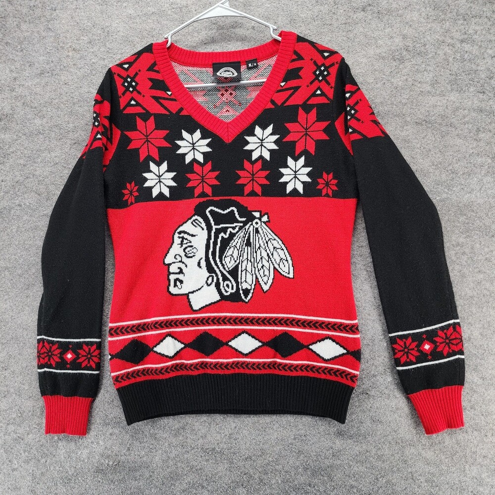 Chicago Blackhawks Christmas Sweater Womens Medium Black Red NHL Hockey